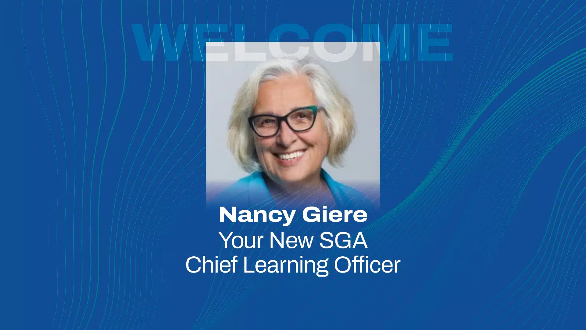 profile picture of Nancy Giere on a blue background with wavy lines. The word "Welcome" is large at the top.
